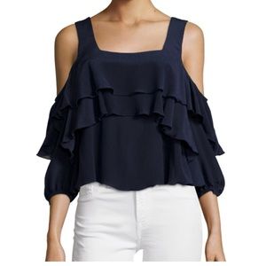 A piece apart Viga cold shoulder silk ruffle top size M blue